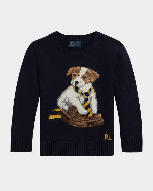 Boy's Dog Intarsia Knit Cotton Crewneck Sweater, Size 2-7